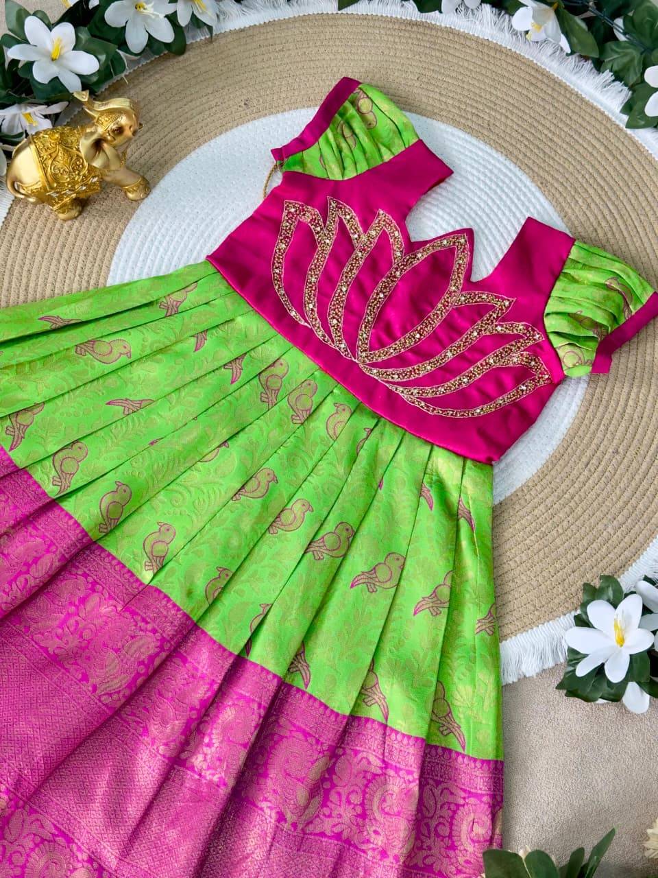 Lotus Frock Jaquard Silk Green Wholesale kids clothing suppliers in Ahmedabad
